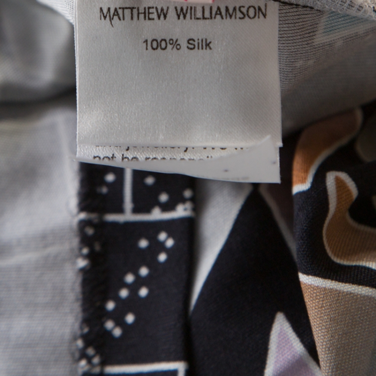 Pre Owned Mathew Williamson Black Geometric Print Silk Embellished Draped Cowl Dress M