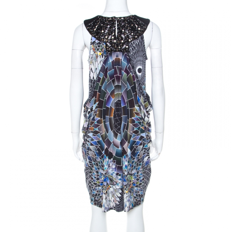 Pre Owned Mathew Williamson Black Geometric Print Silk Embellished Draped Cowl Dress M