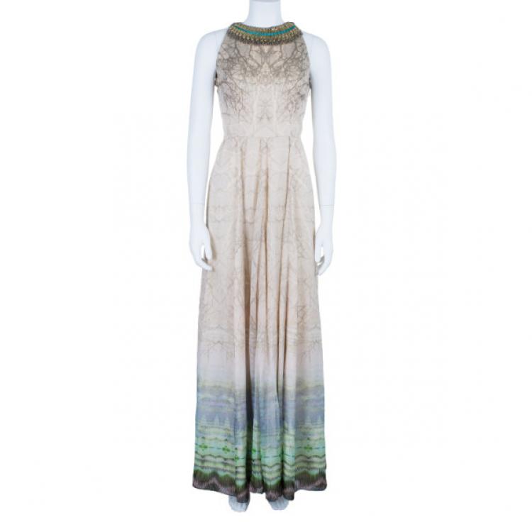 Pre Owned Matthew Williamson Beaded Neck Multi Print Gown M