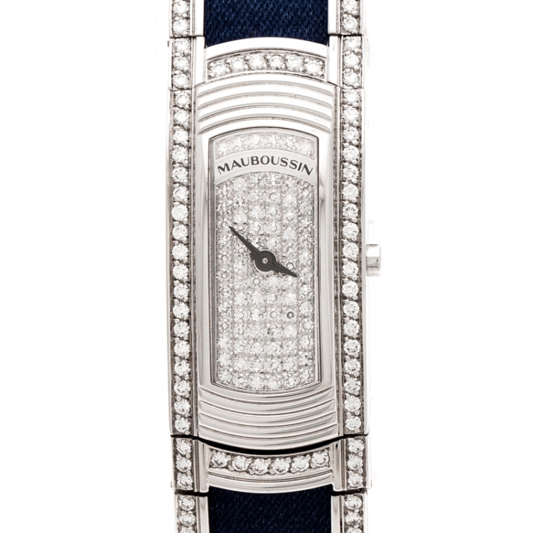 Pre Owned Mauboussin Diamond Pave Dial 18K White Gold Diamonds Lady M Mini R68800 Women's Wristwatch 17 mm