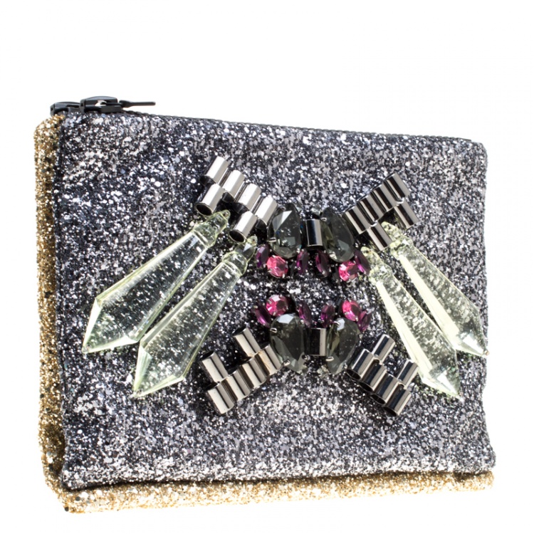 Pre Owned Mawi Silver/Gold Glitter with Acrylic Perspex Double Clutch