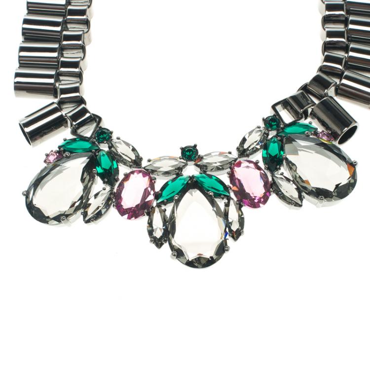 Pre Owned Mawi Teardrop Crystal Gunmetal Tube Necklace 
