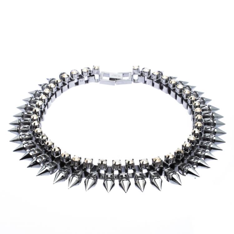 Pre Owned Mawi Metal Crystal Gunmetal Claw Set Spike Necklace 