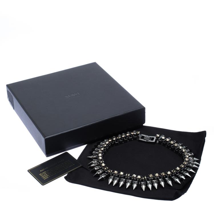 Pre Owned Mawi Metal Crystal Gunmetal Claw Set Spike Necklace 