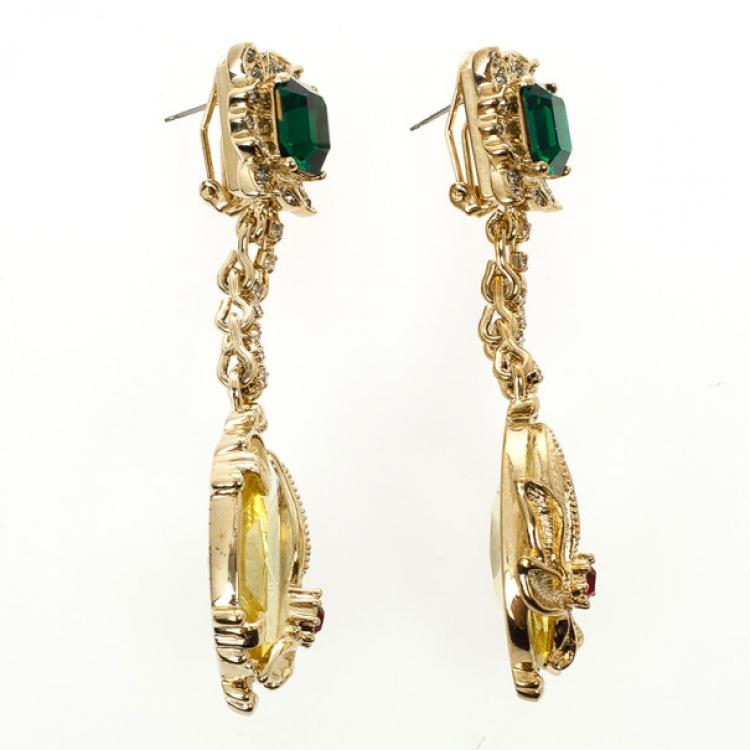 Pre Owned Mawi Dangling Green Gemstone Gold Plated Earrings