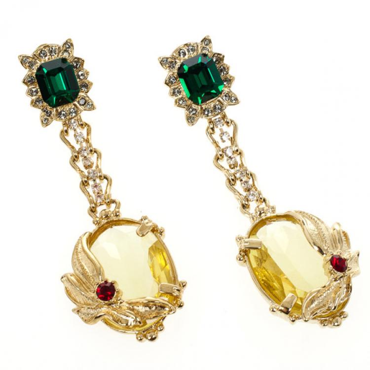 Pre Owned Mawi Dangling Green Gemstone Gold Plated Earrings