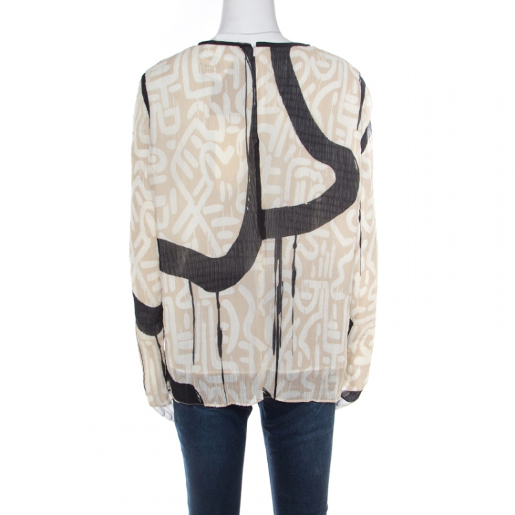 Pre Owned Max Mara Paste Graffiti Print Plisse Long Sleeve Blouse L