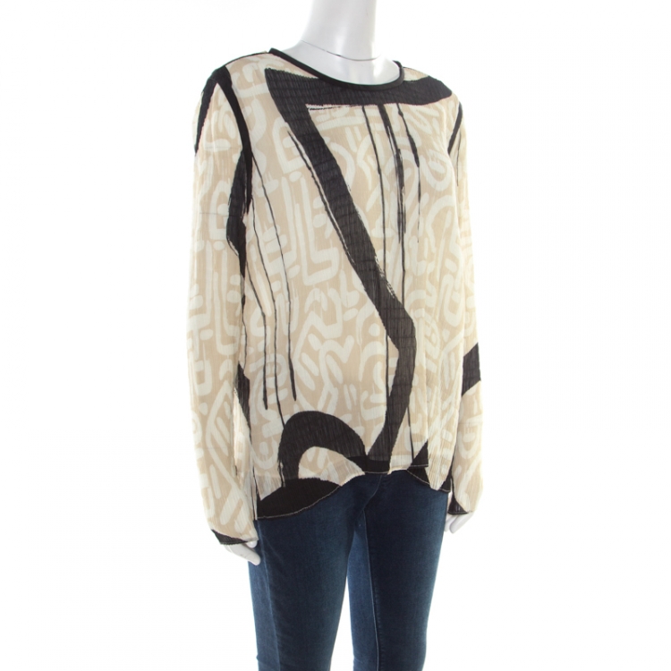 Pre Owned Max Mara Paste Graffiti Print Plisse Long Sleeve Blouse L