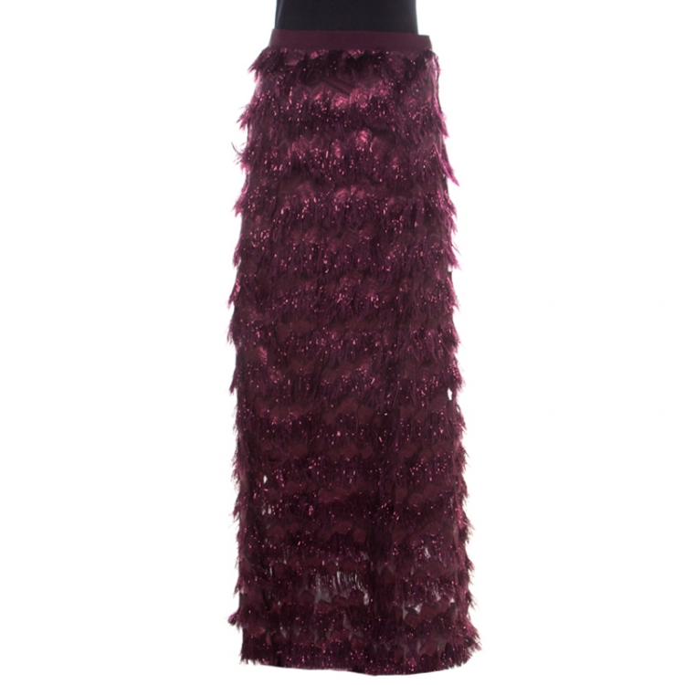Pre Owned Max Mara Purple Metallic Jacquard Faux Feather Fringed Maxi Skirt S