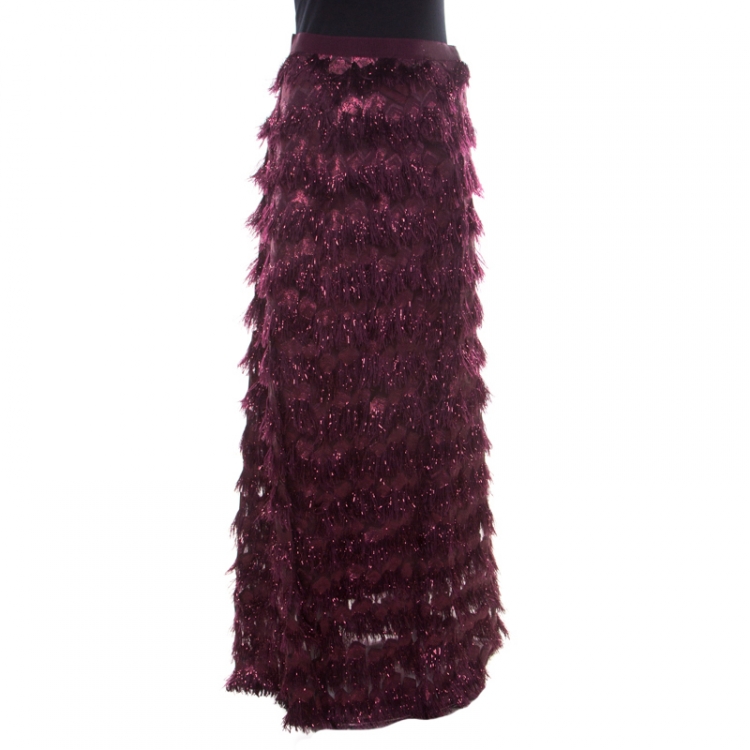 Pre Owned Max Mara Purple Metallic Jacquard Faux Feather Fringed Maxi Skirt S