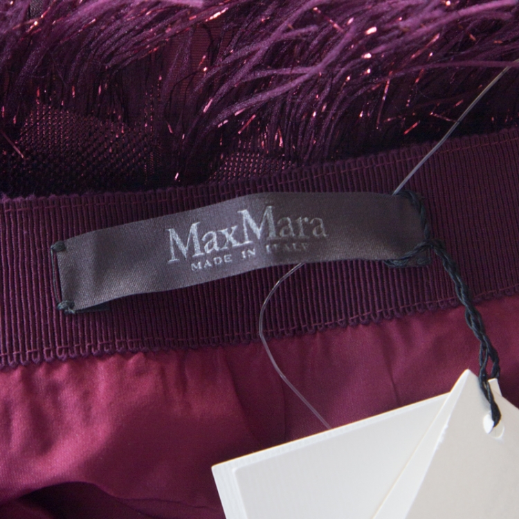 Pre Owned Max Mara Purple Metallic Jacquard Faux Feather Fringed Maxi Skirt S