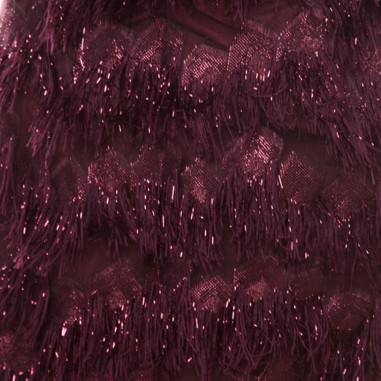 Pre Owned Max Mara Purple Metallic Jacquard Faux Feather Fringed Maxi Skirt S