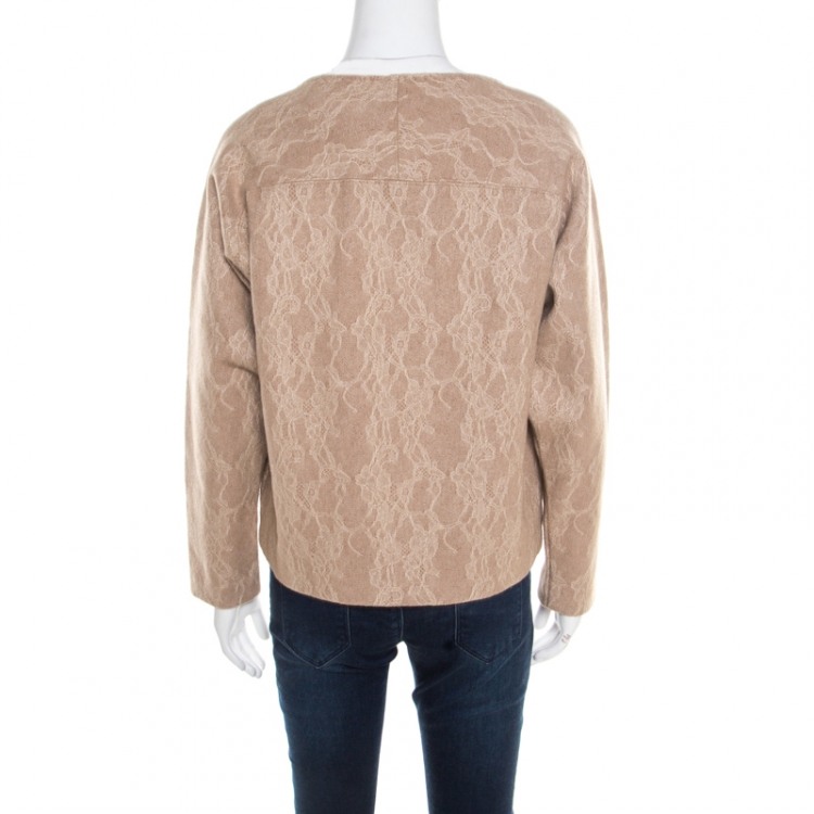 Pre Owned Max Mara Camel Brown Wool Floral Lace Raglan Sleeve Liriche Top L