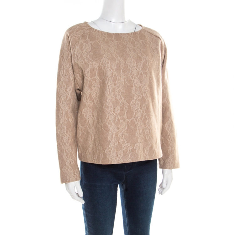 Pre Owned Max Mara Camel Brown Wool Floral Lace Raglan Sleeve Liriche Top L