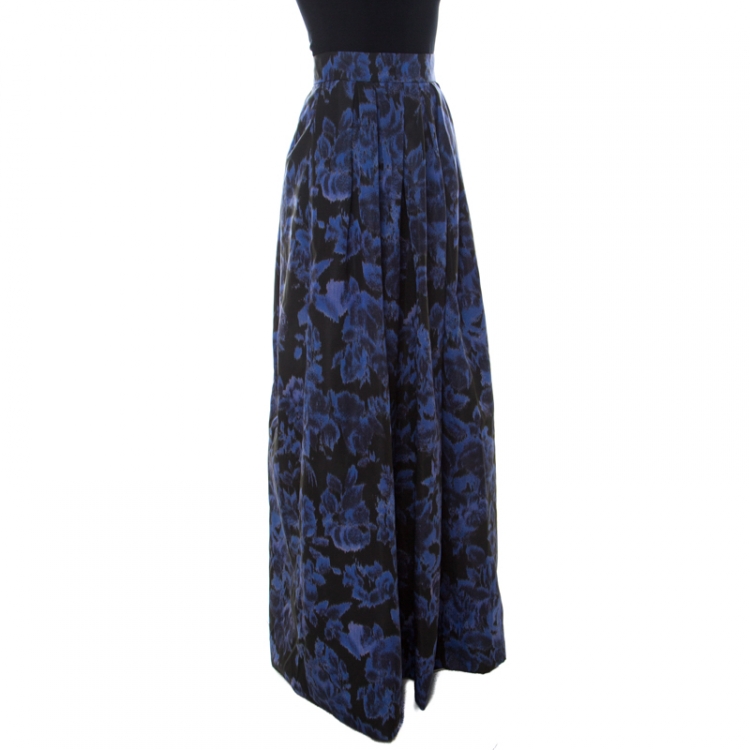 Pre Owned Max Mara Blue Printed Silk Maxi Skirt M 