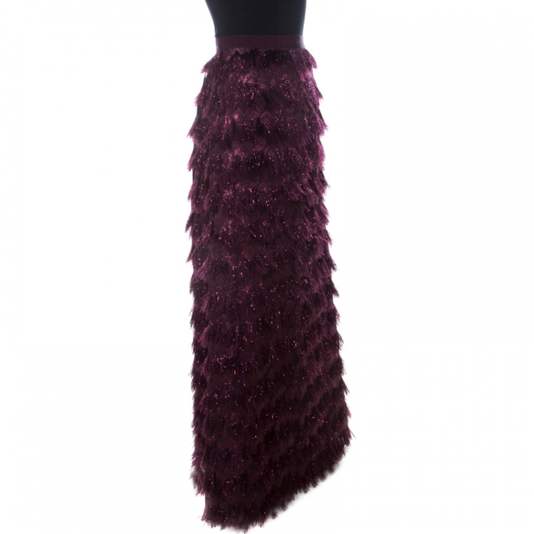 Max Mara Burgundy Metallic Jacquard Tinsel Fringed Maxi