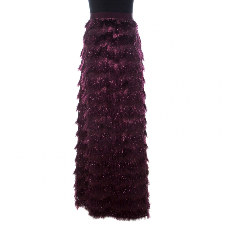 مملوكة مسبقًا Max Mara Burgundy Metallic Jacquard Tinsel Fringed Maxi Skirt M