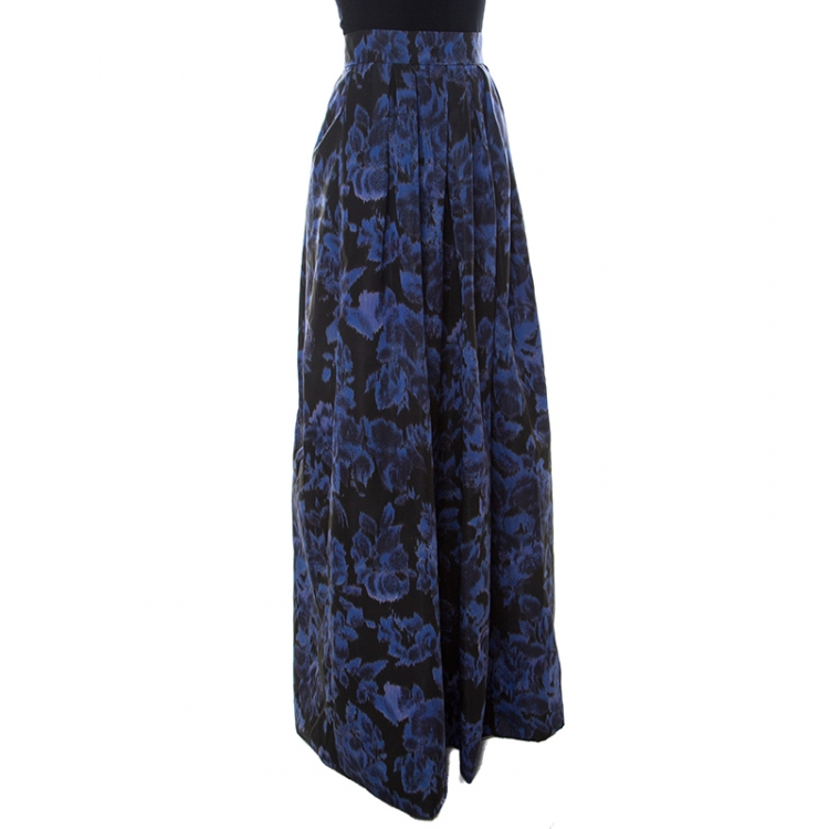 Pre Owned Max Mara Blue Printed Silk Maxi Skirt M
