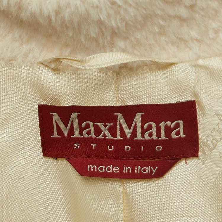 Pre Owned Max Mara Studio Cream Fur Trim Wool Blend Belted Coat S