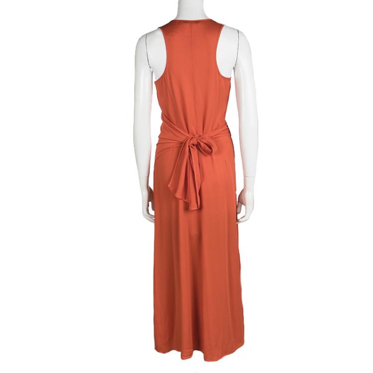 Pre Owned Max Mara Orange Silk Sleeveless Wrap Dress M