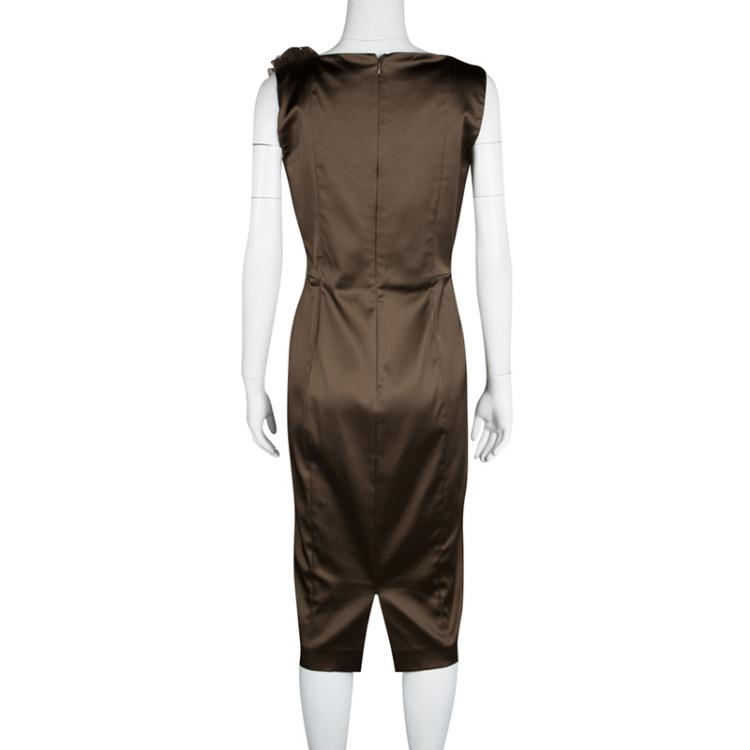 Pre Owned Max Mara Brown Satin Flower Detail Sleeveless Sheath Dress L