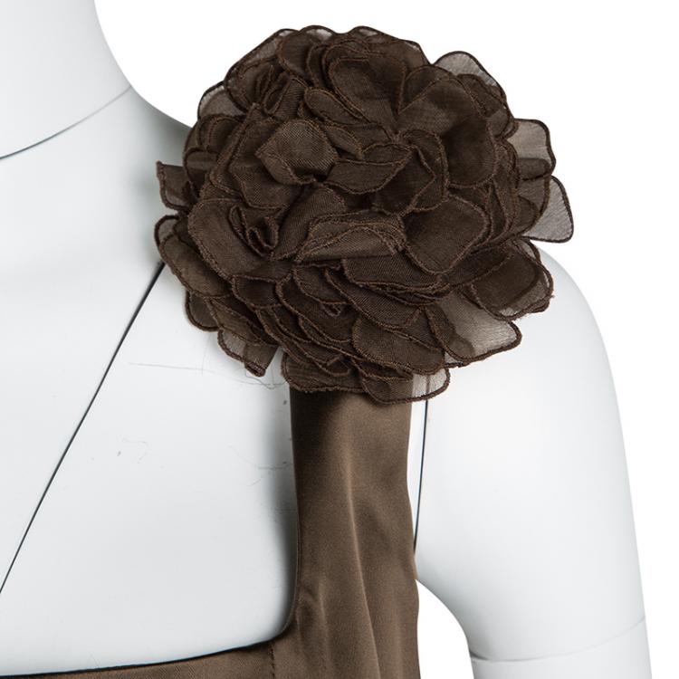 Pre Owned Max Mara Brown Satin Flower Detail Sleeveless Sheath Dress L