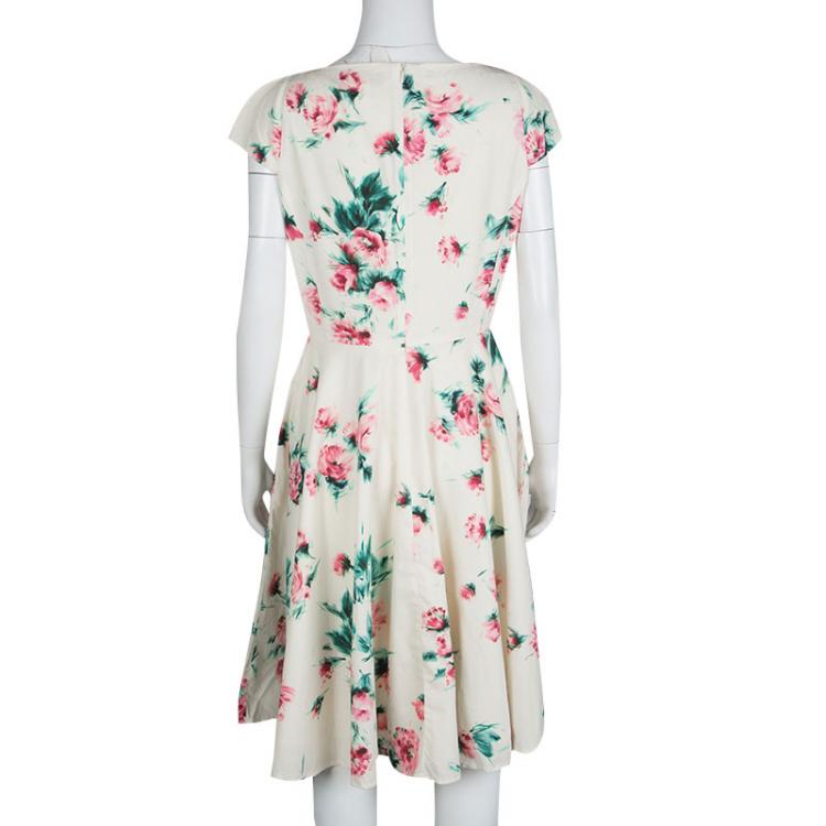 Pre Owned Max Mara Studio Cream Floral Printed Cotton Cap Sleeve Midi Dress L