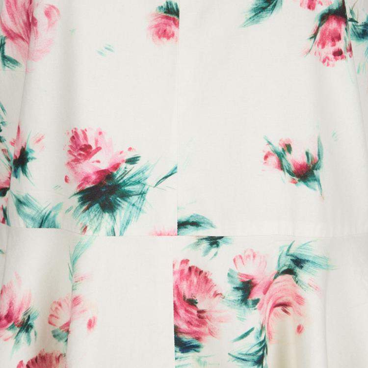 Pre Owned Max Mara Studio Cream Floral Printed Cotton Cap Sleeve Midi Dress L
