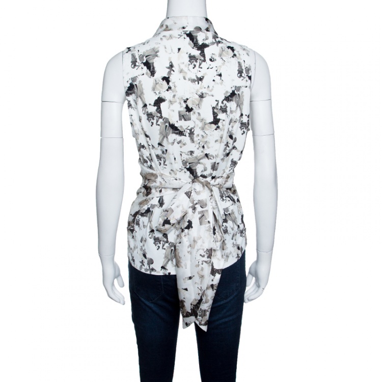 Pre Owned Max Mara White Printed Silk and Jersey Sleeveless Wrap Top M 