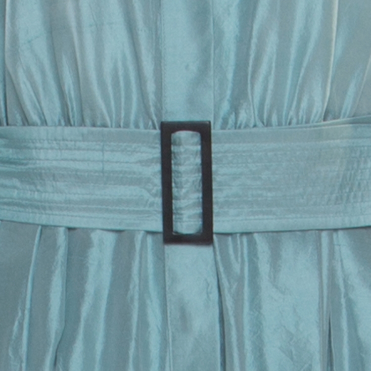 Pre Owned Max Mara Aqua Blue Raw Silk Belted Midi Shirt Dress S