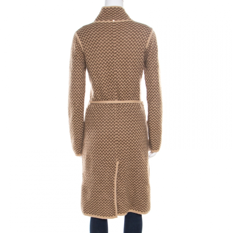 Pre Owned Max Mara Brown Checkered Wool and Cashmere Knit Belted Long Cardigan M