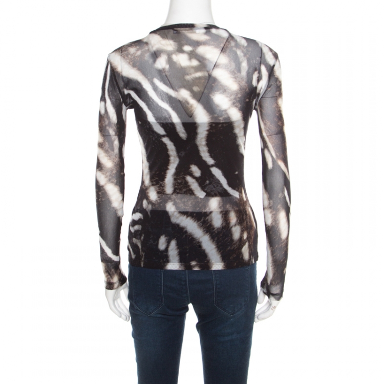 Pre Owned Max Mara Abstract Animal Print Nylon Jersey Long Sleeve Sheer Top S