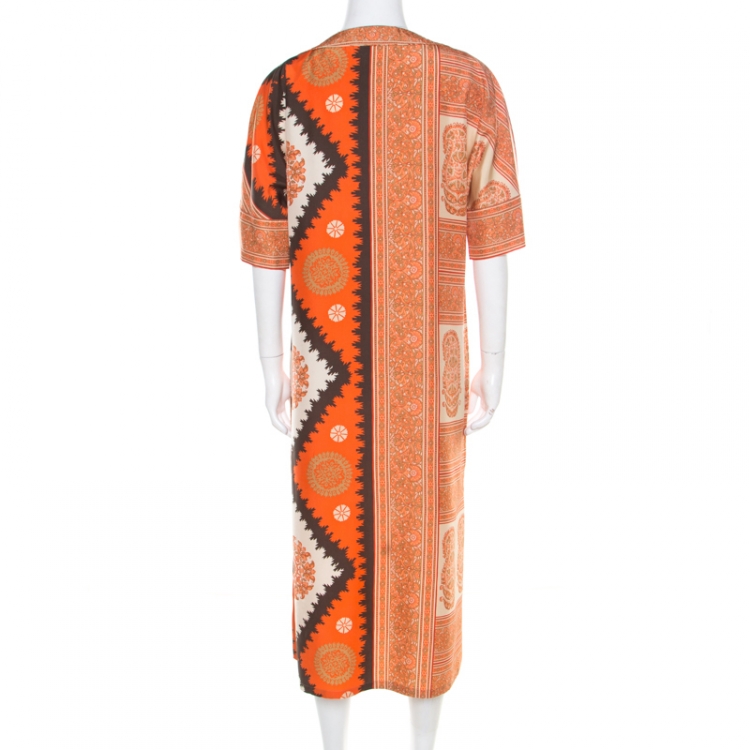 Pre Owned Max Mara Orange Paisley Printed Silk Maxi Kaftan M
