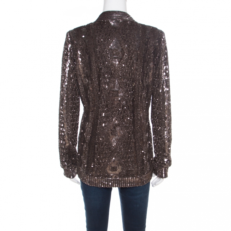 Pre Owned Max Mara Antique Silver Sequin Embellished Jacket M