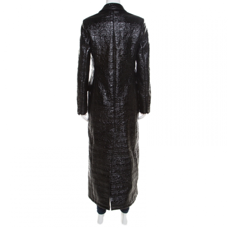 Pre Owned Max Mara Mid Black Crinkled Faux Patent Leather Plaid Lined Overcoat S 