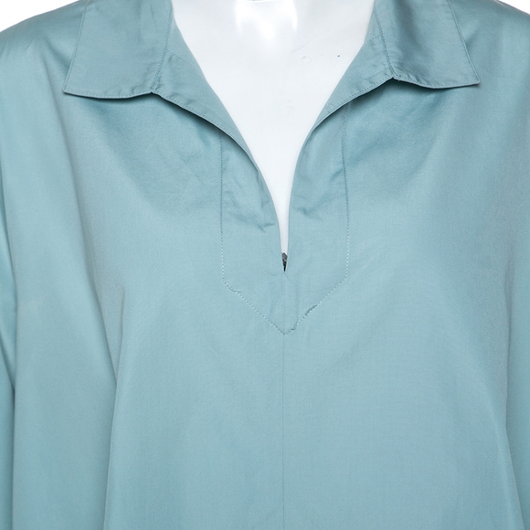 Pre Owned Max Mara Pale Blue Cotton Hi-Lo Hem Collared Top L