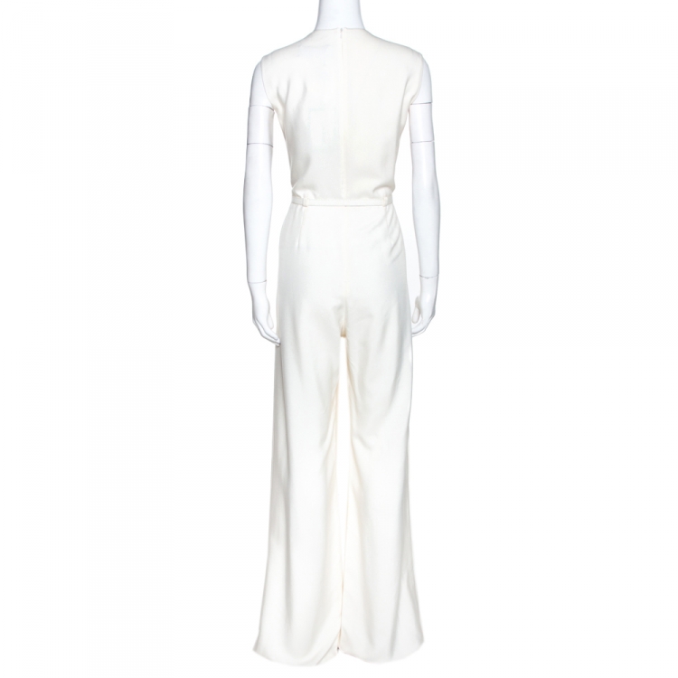 Pre Owned Max Mara Ivory Silk Belted Alamaro Jumpsuit L