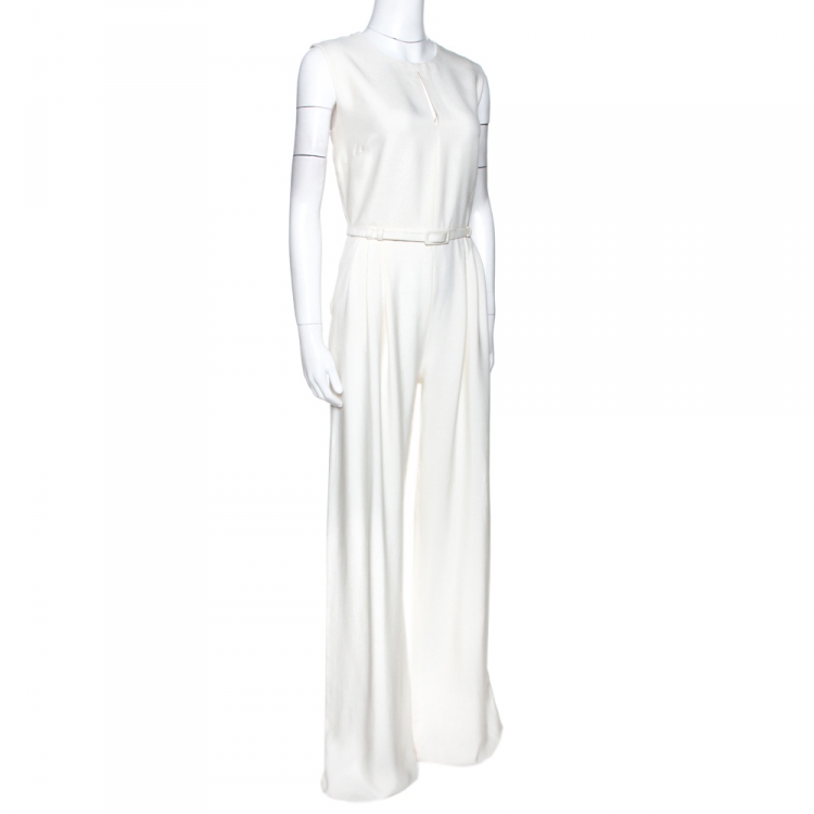 Pre Owned Max Mara Ivory Silk Belted Alamaro Jumpsuit L