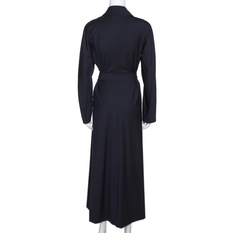 Pre Owned Max Mara Navy Blue Virgin Wool Belted Long Coat M