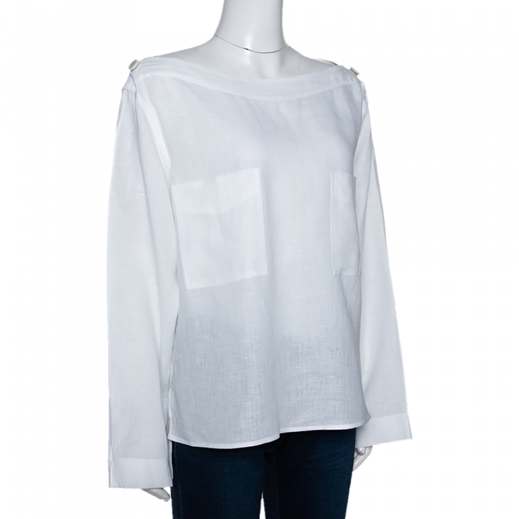 Pre Owned Max Mara White Linen Arabba Long Sleeve Blouse L