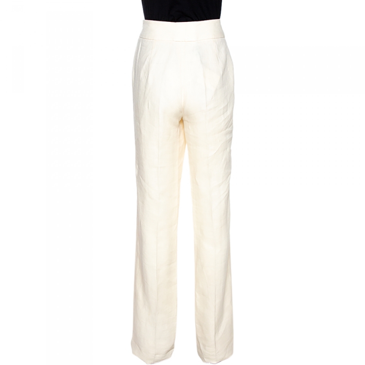 Pre Owned Max Mara Cream Linen Straight Leg Trousers M