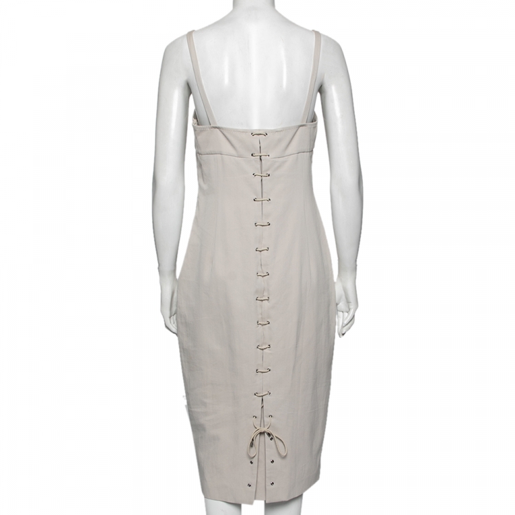 Pre Owned Max Mara Light Grey Cotton Lace-Up Back Detail Sleeveless Dress M