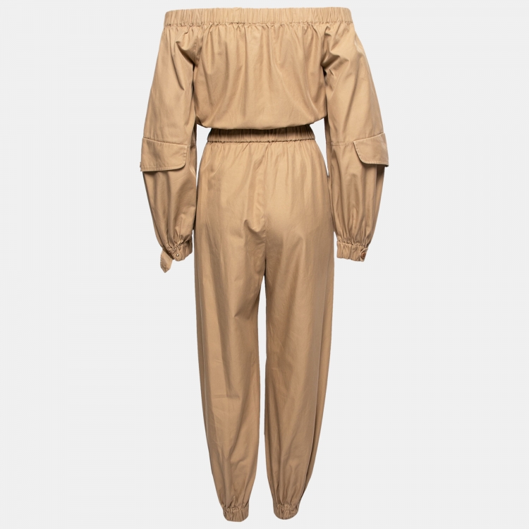 Pre Owned Max Mara Beige Cotton Off-Shoulder Drawstring Waist Jumpsuit S
