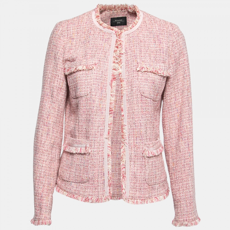 مملوكة مسبقًا Max Mara Pink Tweed Pocket Detail Fringe Trimmed Jacket M