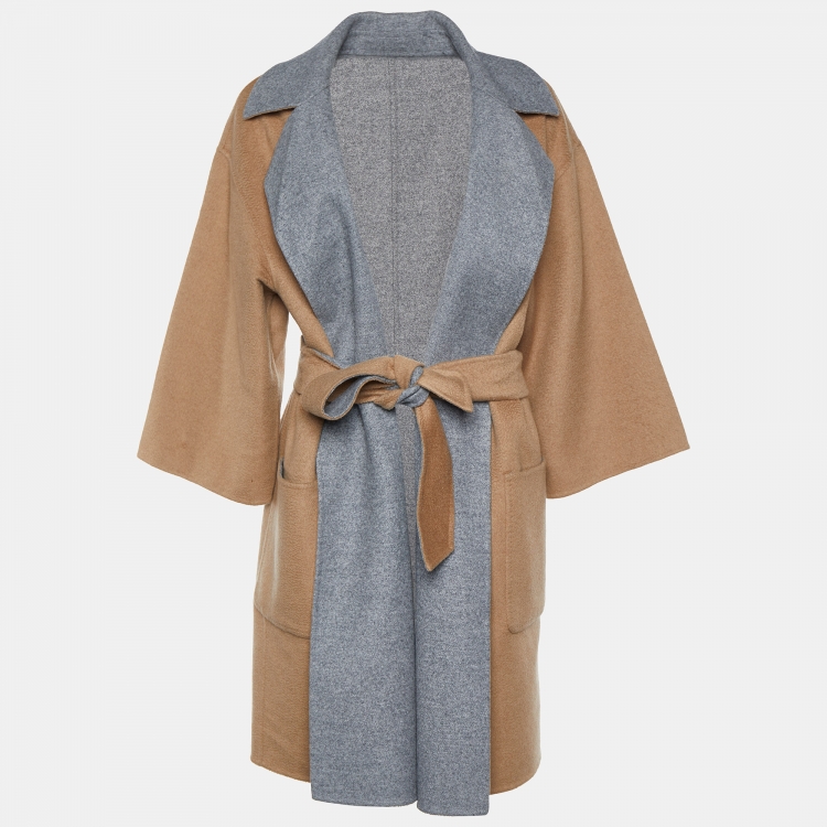Pre Owned Max Mara Beige & Grey Camel & Wool Reversible Belted Overcoat L