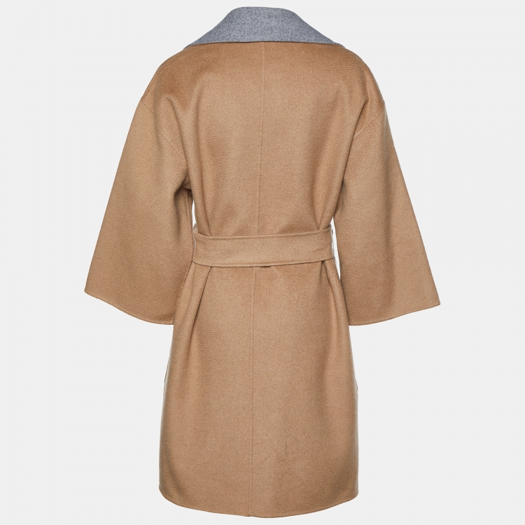 Pre Owned Max Mara Beige & Grey Camel & Wool Reversible Belted Overcoat L