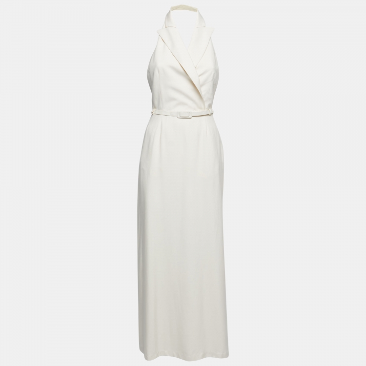 Pre Owned Max Mara Cream Wool Lapeled Belted Midi Dress M