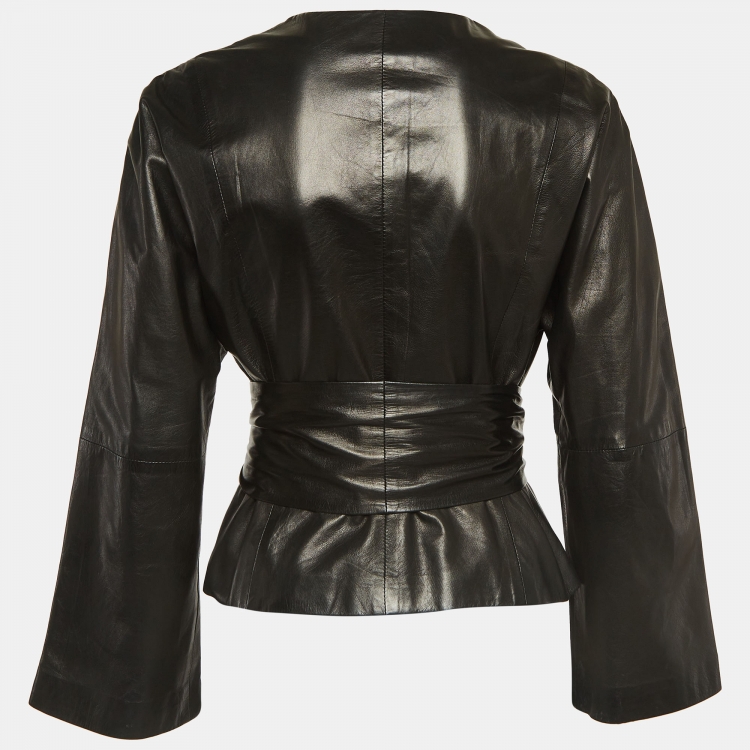 Pre Owned Max Mara Black Leather Front Open Belted Leather Jacket XS