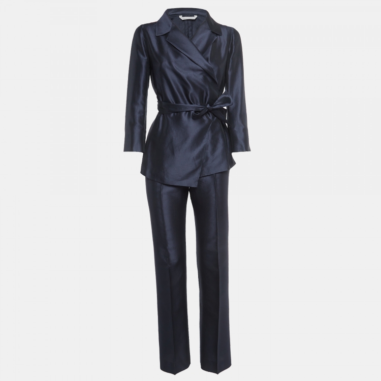 Pre Owned Max Mara Navy Blue Cotton Blend Wrap Shirt and Trousers Set S