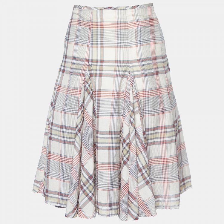 Pre Owned Max Mara Beige Checked Cotton Flared Skirt S
